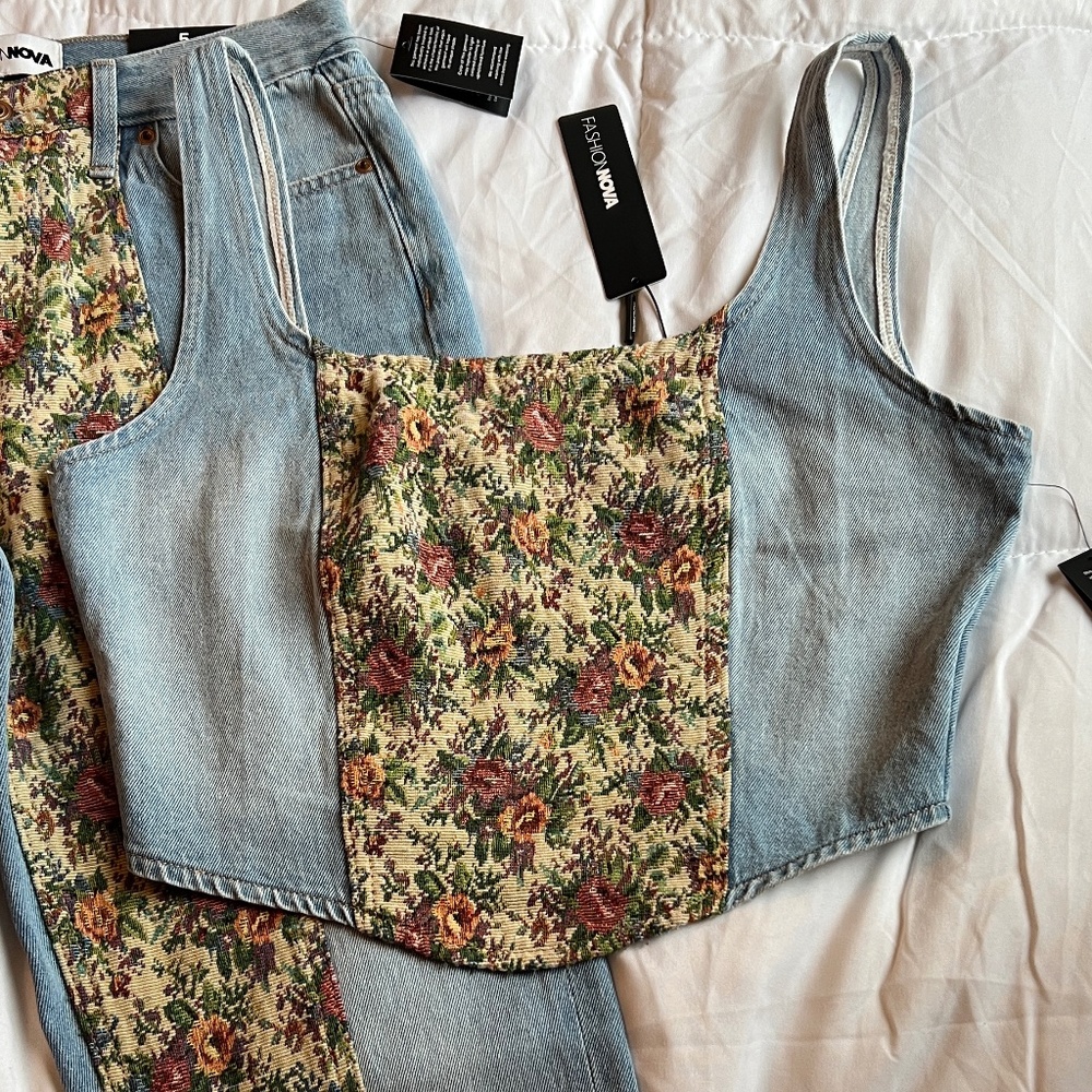 Floral Set Jeans Corset Top and Straight Leg Jeans Size Small 5 Brand New